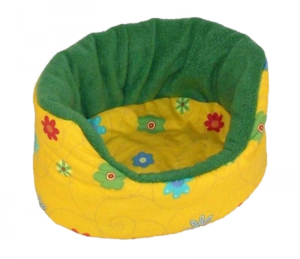 Kuschelbettchen und 1 Kissen für Meerschweinchen, Kleintiere, gelb mit Blumen, grüner Fleece