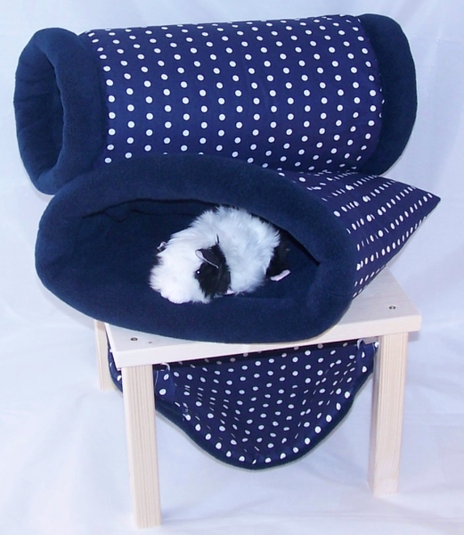 Kuschelsachenset 4 Teile, Hängemattengestell, Hängematte, Kuschelrolle, Kuschelsack, dunkelblau mit weissen Punkten