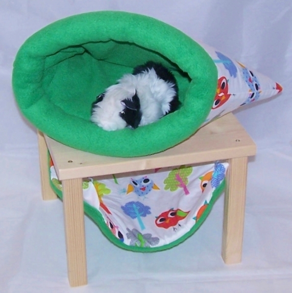 Kuschelsachenset 3 Teile, Hängemattengestell, Hängematte, Kuschelsack, große Eulen, grüner Fleece